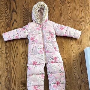 Next Floral Pink Puff One-Piece Snowsuit with Faux Fur Hood